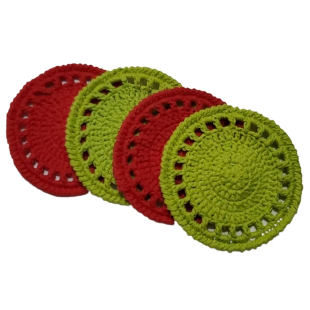 Ecofriendly Cotton Round Coaster Set of 4-Handmade Crocheted- Red and Lime Green